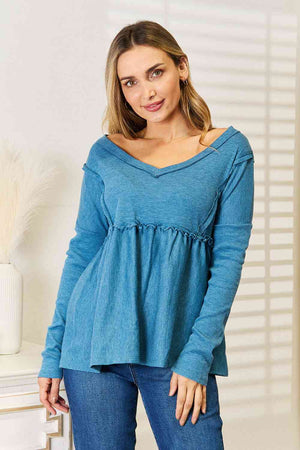 Jade By Jane Frill Trim Babydoll Blouse in Sky Blue