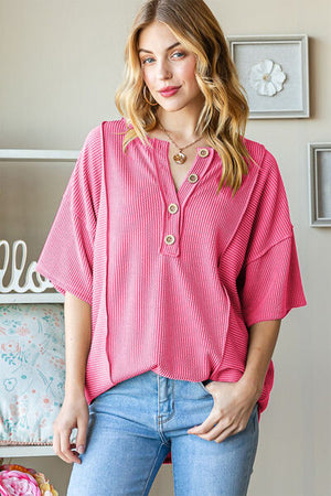 Heimish Ribbed Half Button Drop Shoulder Top Hot Pink