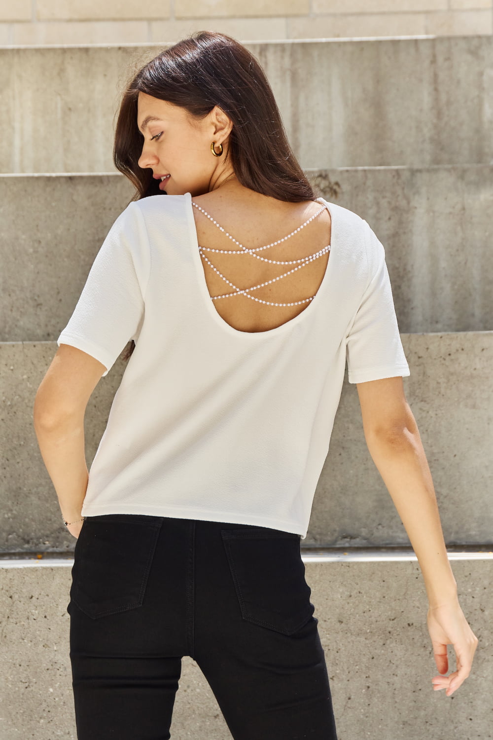 Pearly White Criss Cross Pearl Detail Open Back T-Shirt