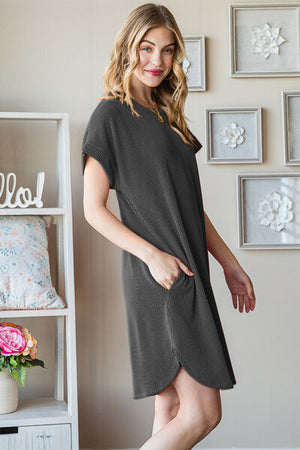 Ribbed Round Neck Short Sleeve Tee Dress Charcoal