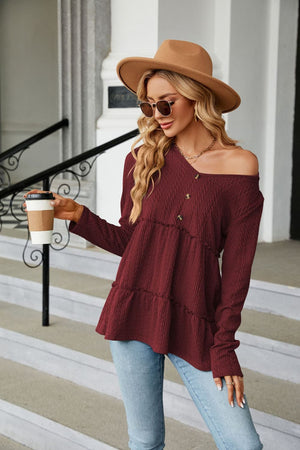 Long Sleeve V Neck Cable Knit Peplum Blouse - 9 colors