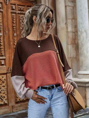 Color Block Waffle-Knit Long Sleeve Top - 3 colors