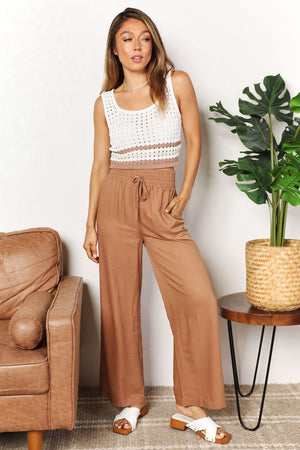 Double Take Drawstring Smocked Waist Wide Leg Pants - 2 colors