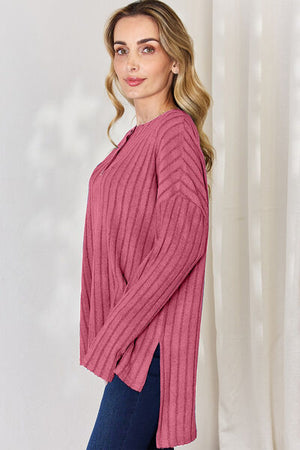 Basic Bae Ribbed Half Button Long Sleeve High-Low Top - 5 colors