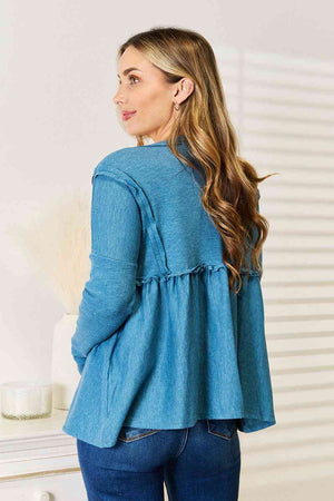 Jade By Jane Frill Trim Babydoll Blouse in Sky Blue