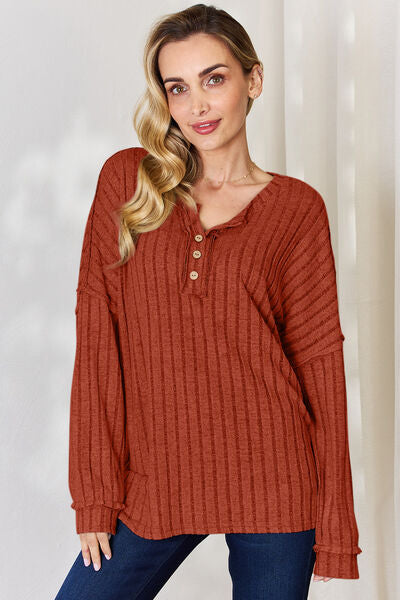 Basic Bae Ribbed Half Button Long Sleeve Top - 5 colors