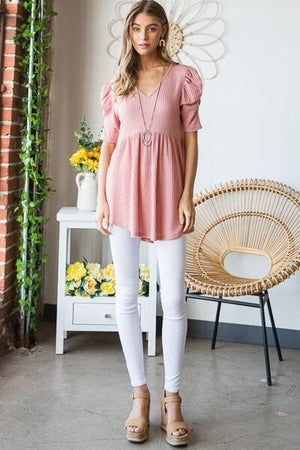 Waffle Knit V-Neck Babydoll Top in Rose