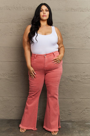 RISEN Hi Waist Side Slit Flare Jeans in Coral