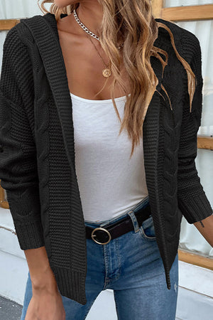 Cable Knit Dropped Shoulder Hooded Hip length Cardigan - 6 colors