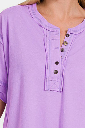 Zenana Exposed Seam Half Button Short Sleeve Top - Lavender