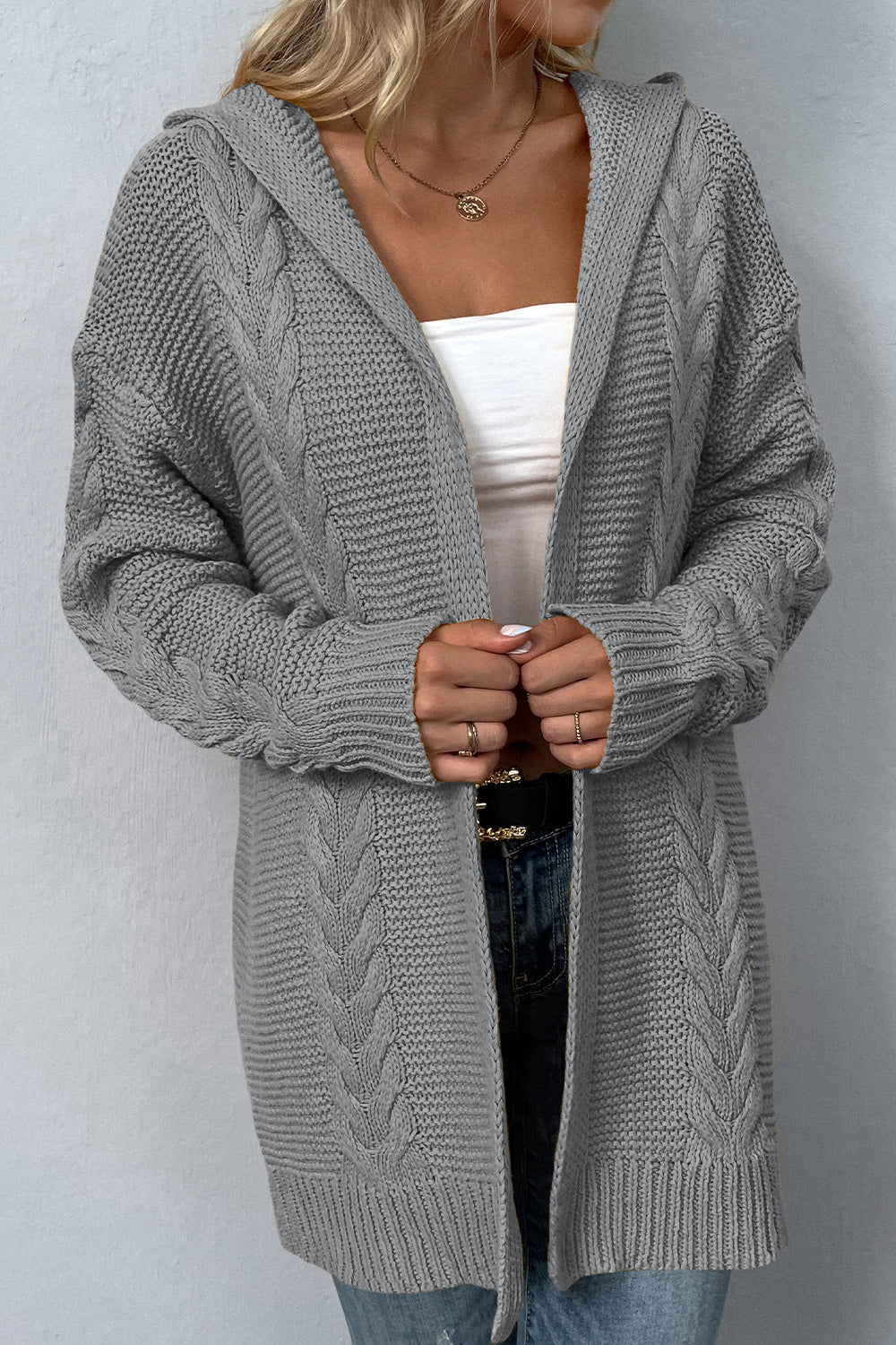 Cable Knit Dropped Shoulder Hooded Thigh length Cardigan - 4 colors