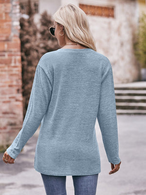 Buttoned Notch Neck Long Sleeve Top - 6 colors