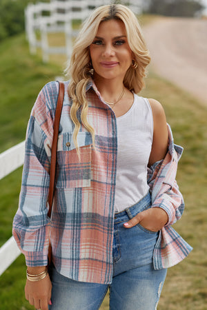 Plaid Flannel Dropped Shoulder Shacket Pink/Blue