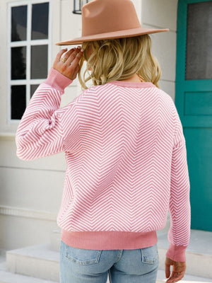 Chevron Ribbed Trim Dropped Shoulder Knit Pullover -  5 colors