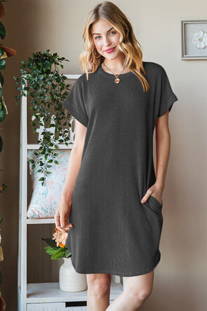 Ribbed Round Neck Short Sleeve Tee Dress Charcoal
