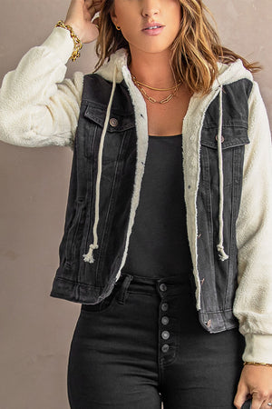 Two-Tone Spliced Denim Sherpa Hooded Jacket - 2 colors