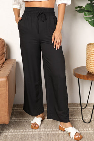 Double Take Drawstring Smocked Waist Wide Leg Pants - 2 colors