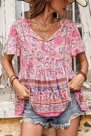 Bohemian Tie Neck Peplum Blouse