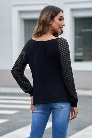 Sheer Striped Sleeve V-Neck Top - 3 colors