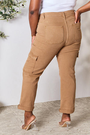 Risen High Waist Straight Leg Cargo Jeans with Pockets