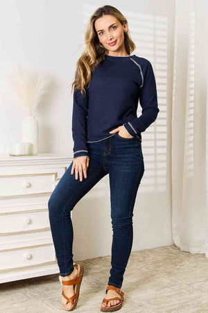 Long Raglan Sleeve Round Neck Top in Navy