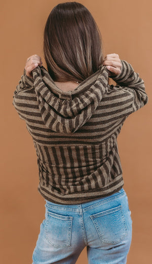 Mocha Stripe Long Sleeve Hooded Knit Top