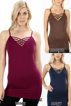 Seamless Lattice Front Cami - Adjustable Strap - Wine