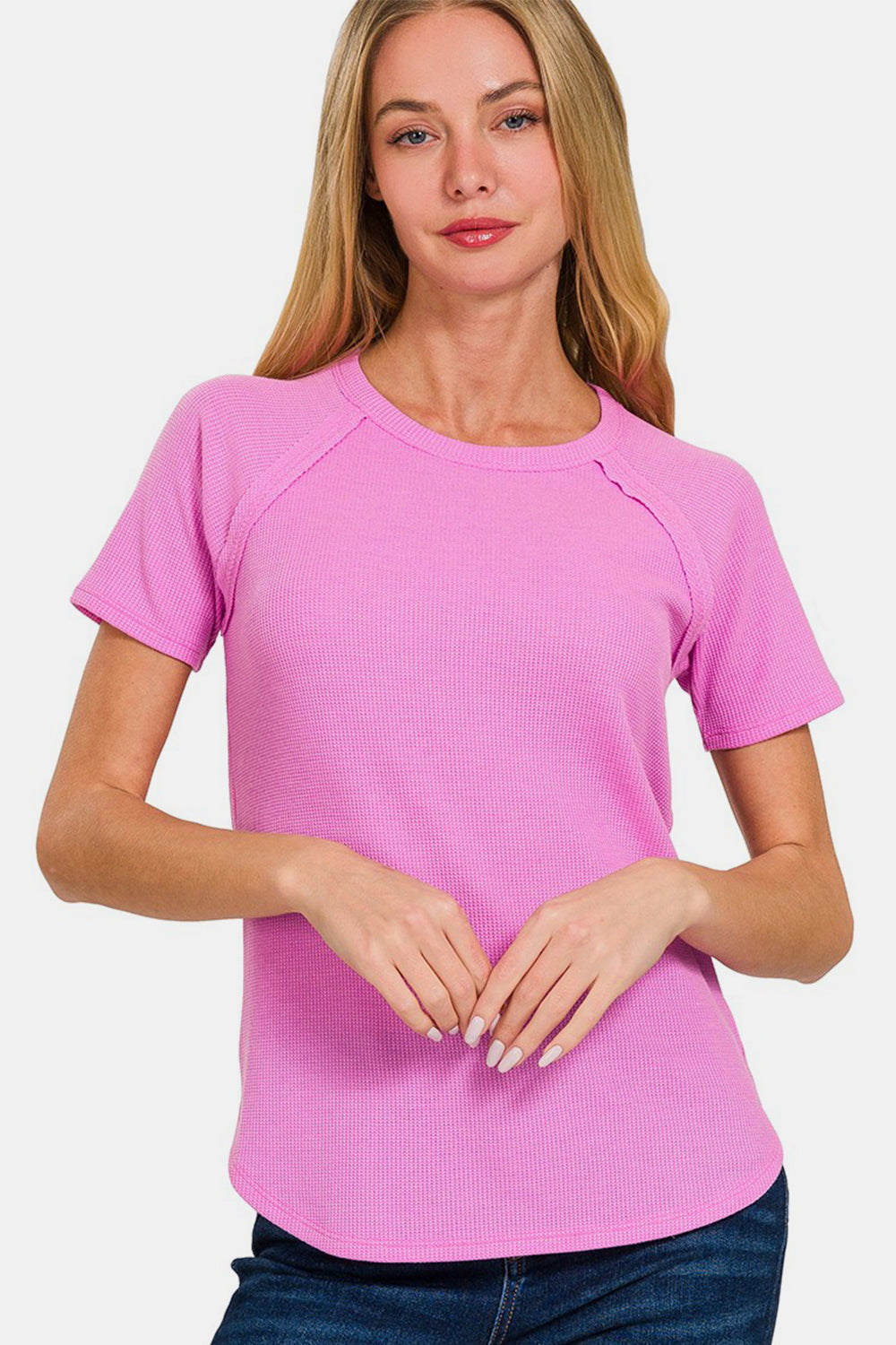 Zenana Round Neck Short Sleeve Waffle T-Shirt in Mauve