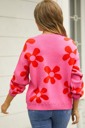 Floral Print Round Neck Dropped Shoulder Pullover Sweater - 5 colors