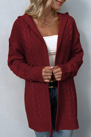 Cable Knit Dropped Shoulder Hooded Thigh length Cardigan - 4 colors