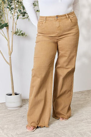 RISEN Hi Rise Fringe Hem Wide Leg Jeans in Mocha