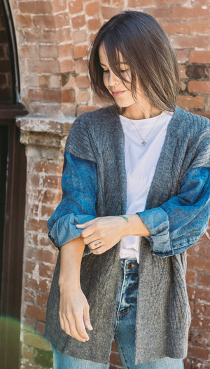 Oversize Sweater Cardigan with Denim Sleeve