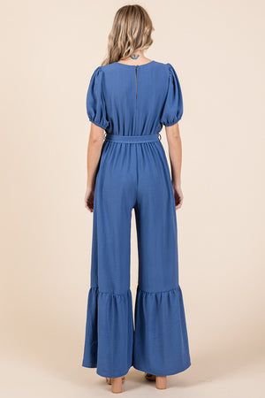 V Neck Belted Wide Leg Jumpsuit in Denim Blue