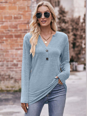 Buttoned Notch Neck Long Sleeve Top - 6 colors