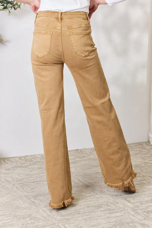 RISEN Hi Rise Fringe Hem Wide Leg Jeans in Mocha