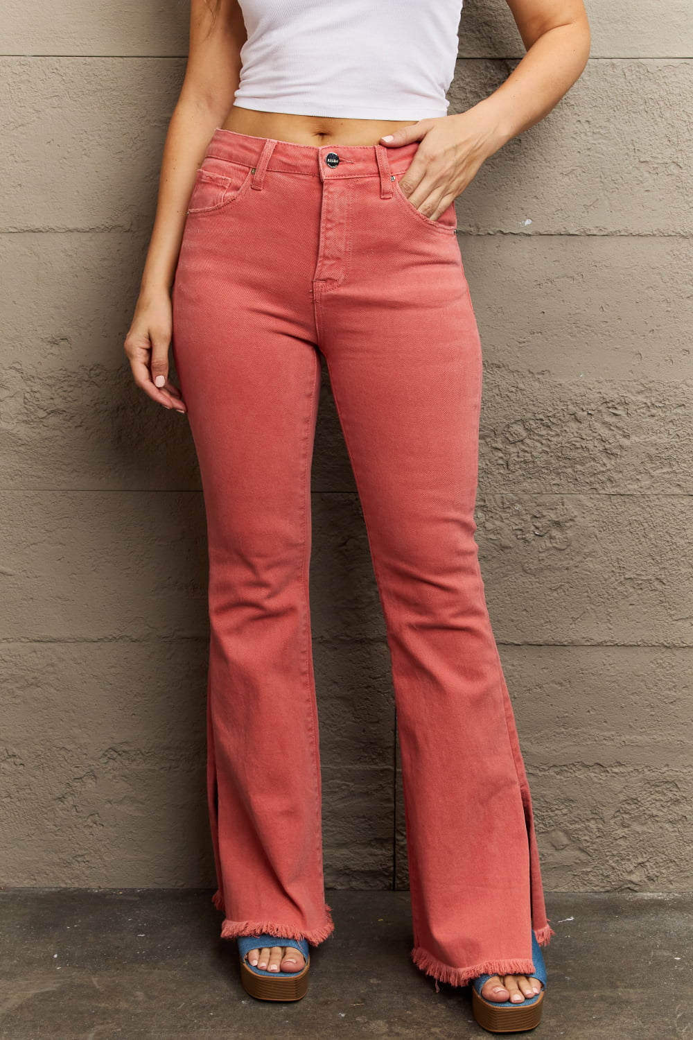 RISEN Hi Waist Side Slit Flare Jeans in Coral