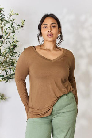 Zenana Long Sleeve V Neck Top Camel