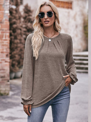 Long Flounce Sleeve Round Neck Blouse - 7 colors