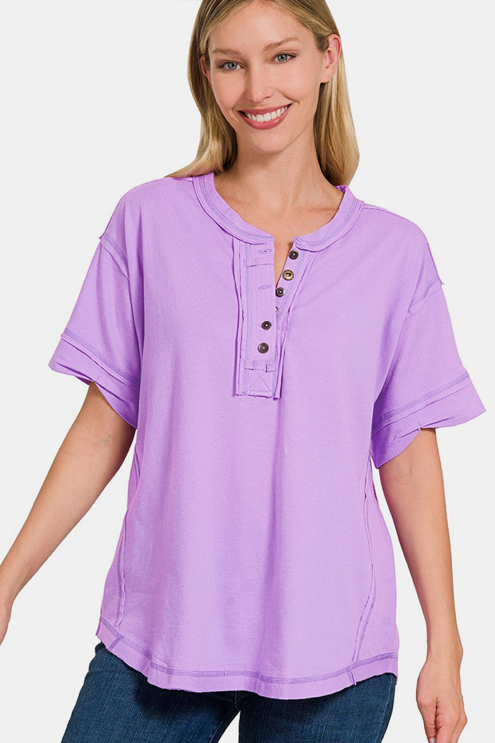 Zenana Exposed Seam Half Button Short Sleeve Top - Lavender