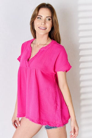 Zenana Raw Hem Short Sleeve Top in Hot Pink