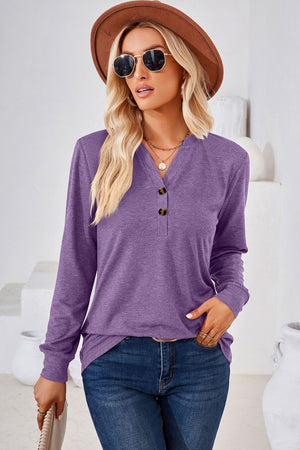 V Neck Buttoned Long Sleeve Blouse - 7 colors