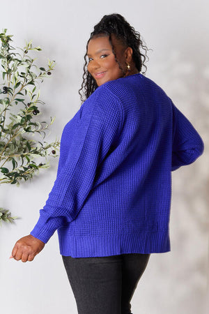 Zenana Waffle Knit Open Front Cardigan in Bright Blue