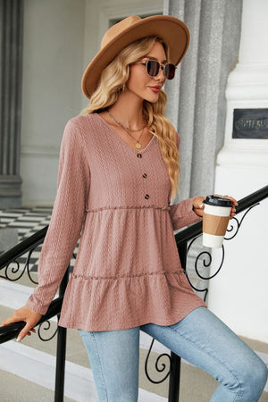 Long Sleeve V Neck Cable Knit Peplum Blouse - 9 colors