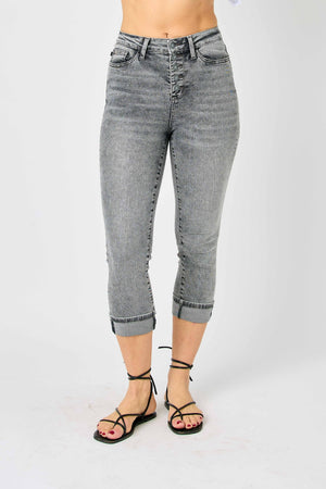 Judy Blue High Waist Button Fly Cuffed Capris in Gray