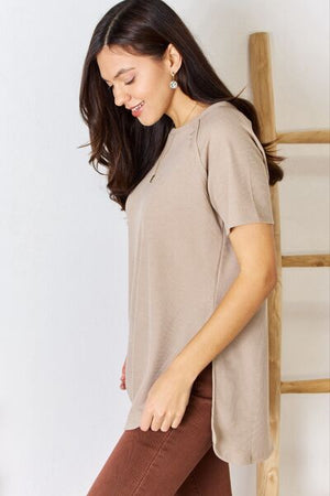 Zenana Baby Waffle Short Sleeve Slit High Low T Shirt Light Mocha