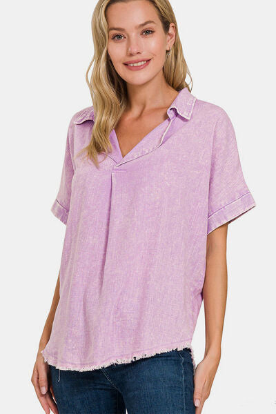 Zenana Washed Linen Raw Hem V-Neck Shirt Bright Lavender