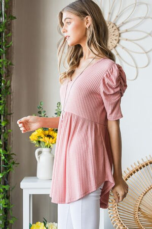 Waffle Knit V-Neck Babydoll Top in Rose