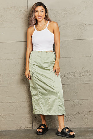 HYFVE Just In Time High Waisted Cargo Midi Skirt Light Green