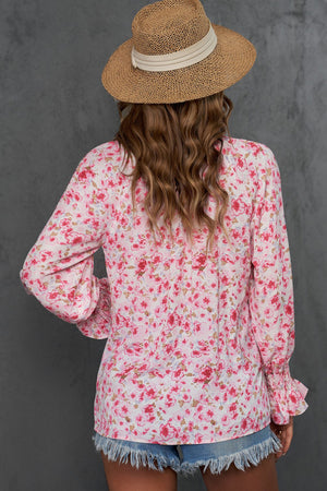 Tie-Neck Flounce Long Sleeve Lightweight Blouse