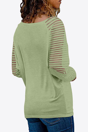 Soft V Neck Long Raglan Striped Sheer Sleeve Top - 9 colors